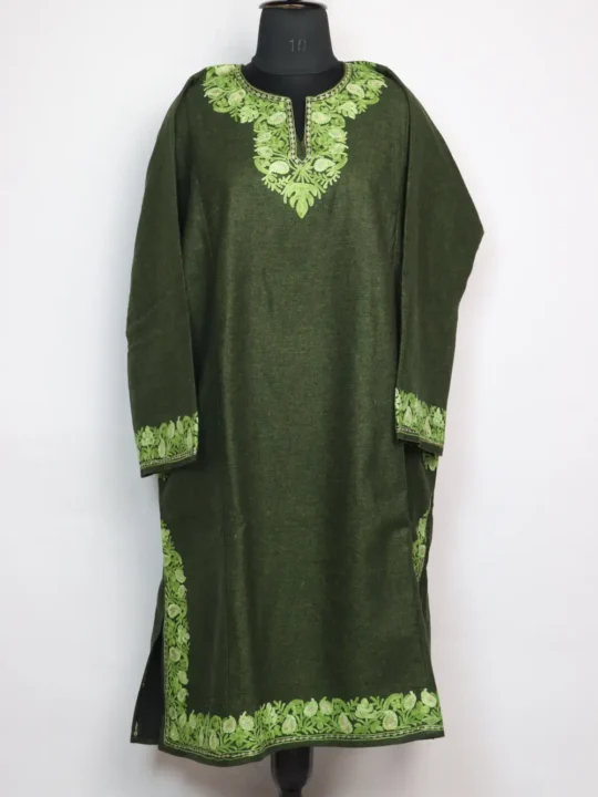 Aari Work Jamila Green Kashmiri Loose Pheran in Tweed