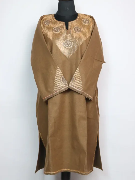 Beige Loose Pheran Tweed Aharbal Kashmiri in Sleeve Botte Tilla