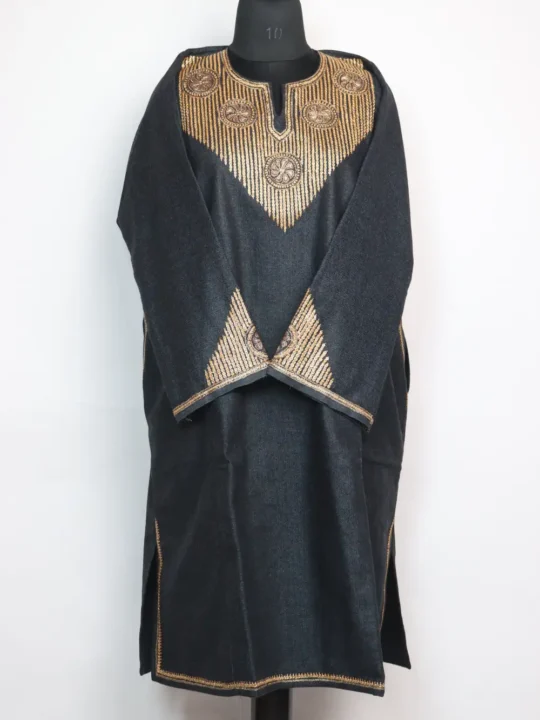 Aharbal Dark Grey Pheran Tweed Kashmiri in Sleeve Botte Tilla