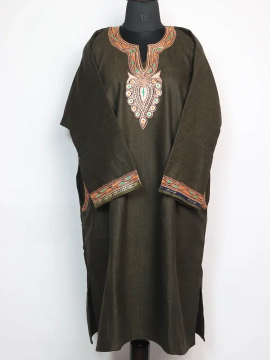 Tweed Afarwat Kashmiri Green Pheran in Sleeve Botte Tilla