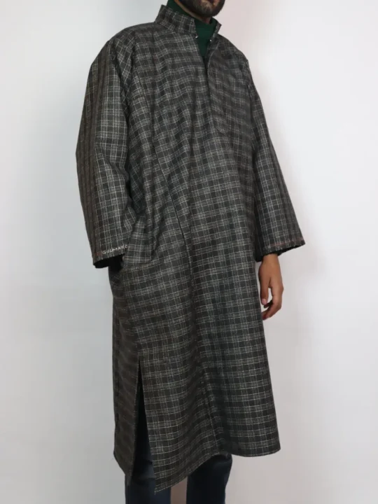 Black Check Arham Kashmiri Pheran in Tweed Wool