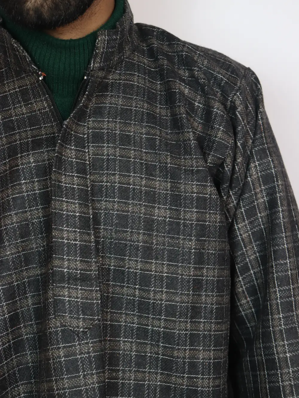Black Check Jamaal Kashmiri Pheran in Tweed Wool - Image 3