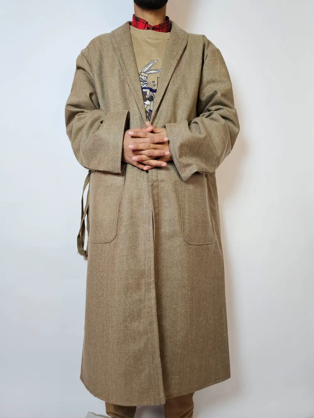 Kashmiri Plain Men Tweed Light Brown Gown | Bathrobe for Winter