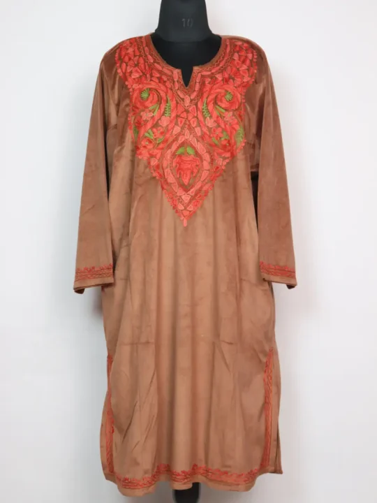 Emaan Brown Pheran in Velvet with Aari Embroidery