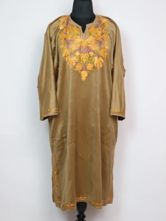 Light Brown Pheran in Velvet with Aari Work