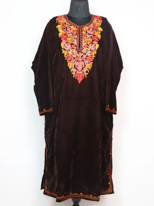Chocolate Brown Kashmiri Pheran in Velvet with Aari Work