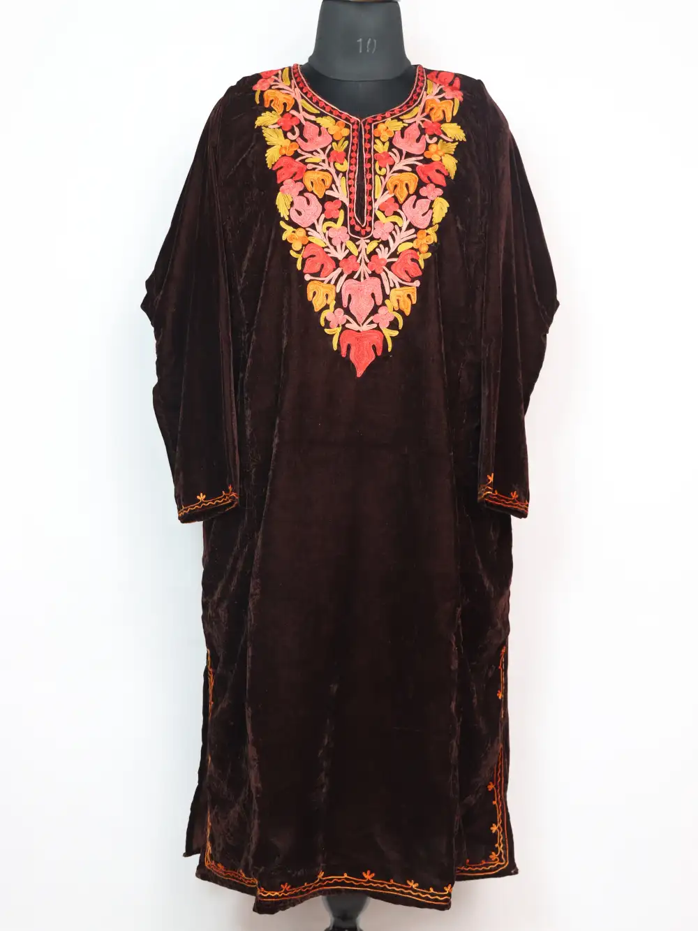 Chocolate Brown Kashmiri Pheran in Velvet with Aari Work
