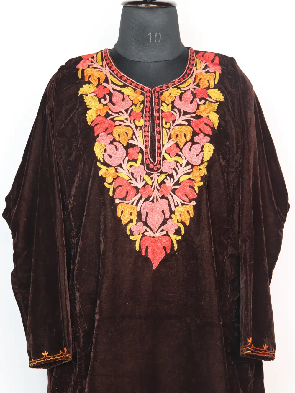 Chocolate Brown Ghazal Pheran in Velvet with Aari Work - Image 2