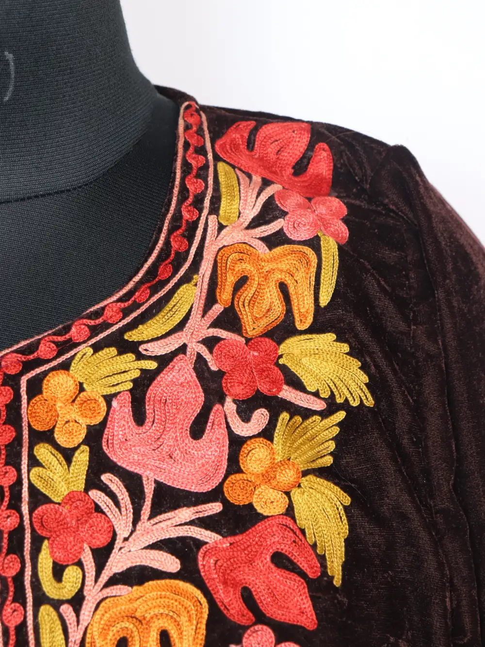 Chocolate Brown Ghazal Pheran in Velvet with Aari Work - Image 3