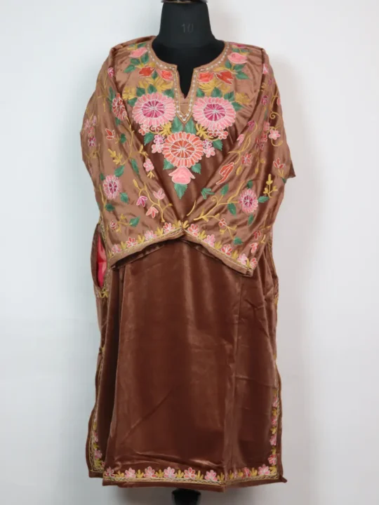 Sleeve Aari Work Brown Pheran in Velvet Chahat