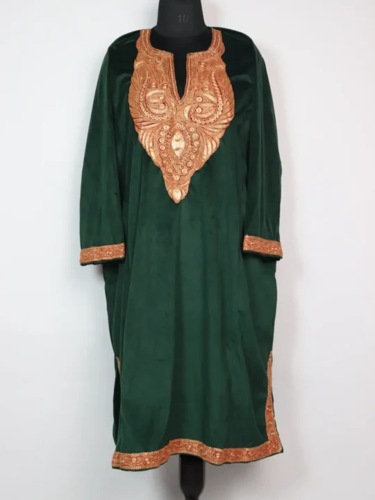 Dark Green Kashmiri Samina Velvet Pheran in Botte Tilla Work