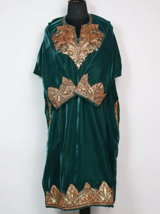 Kashmiri Dark Green Velvet Pheran Zarina in Botte Tilla Work