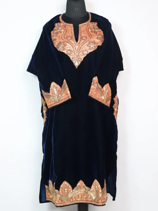 Dark Blue Velvet Pheran Designer in Botte Tilla Embroidery Rida
