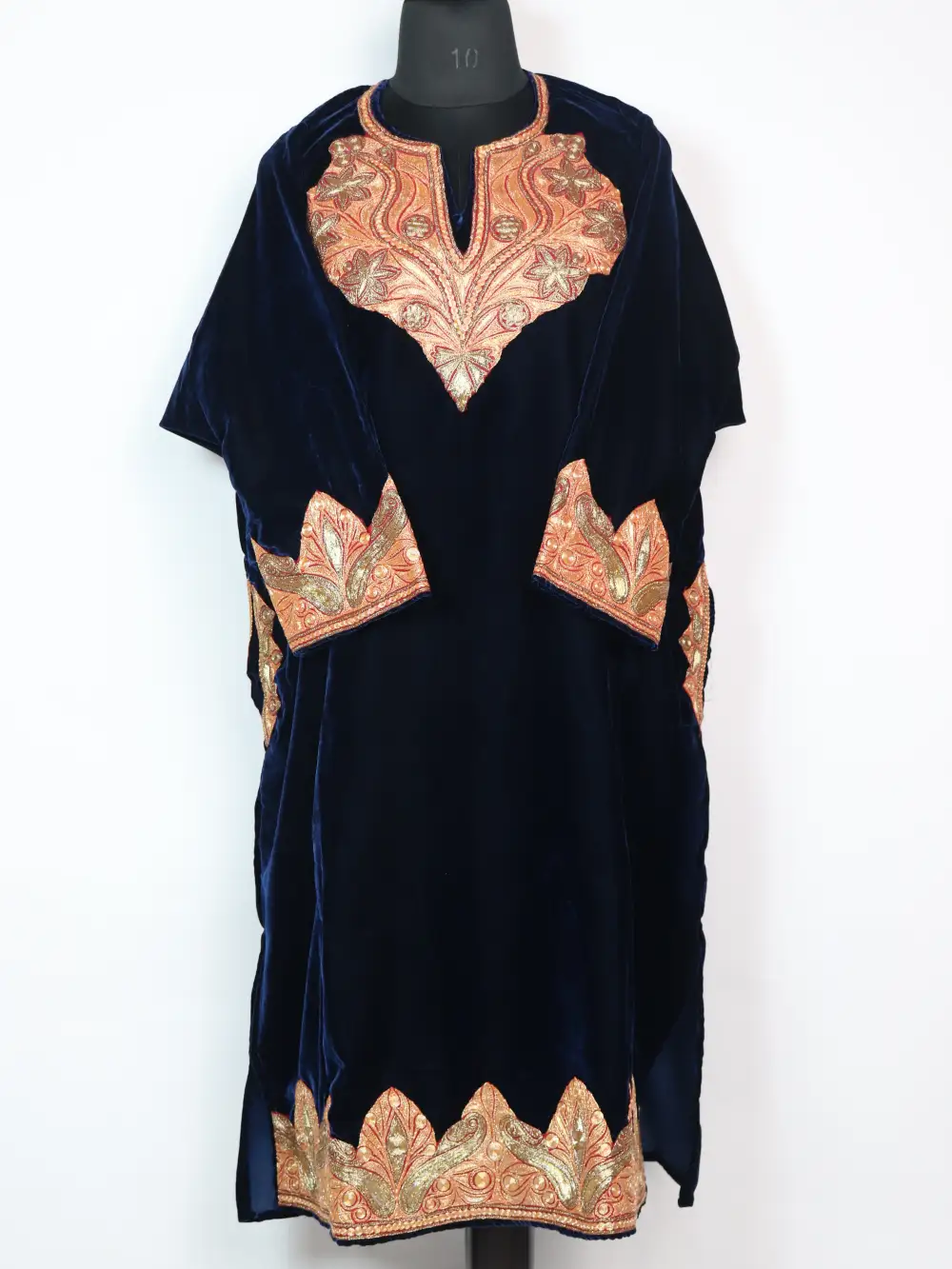 Dark Blue Velvet Pheran Designer in Botte Tilla Embroidery Rida