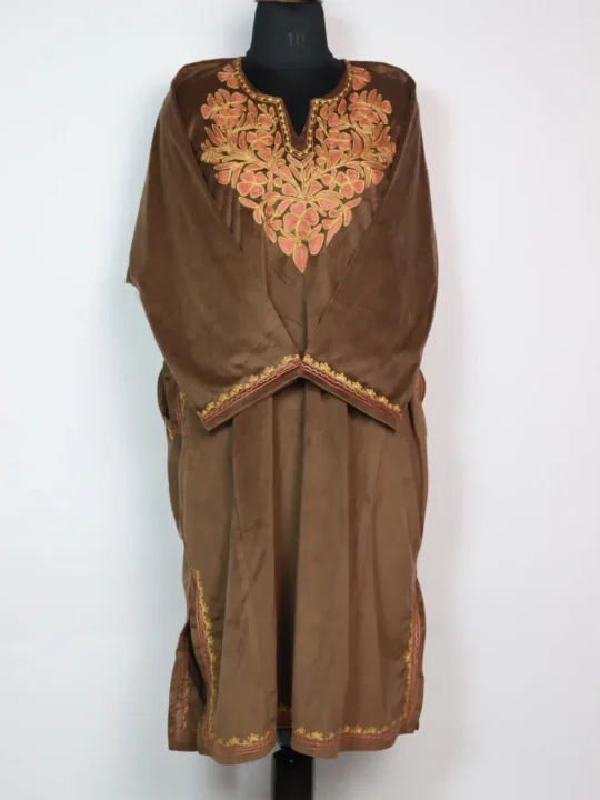 Brown Loose Pheran in Velvet Hayat with Aari Embroidery