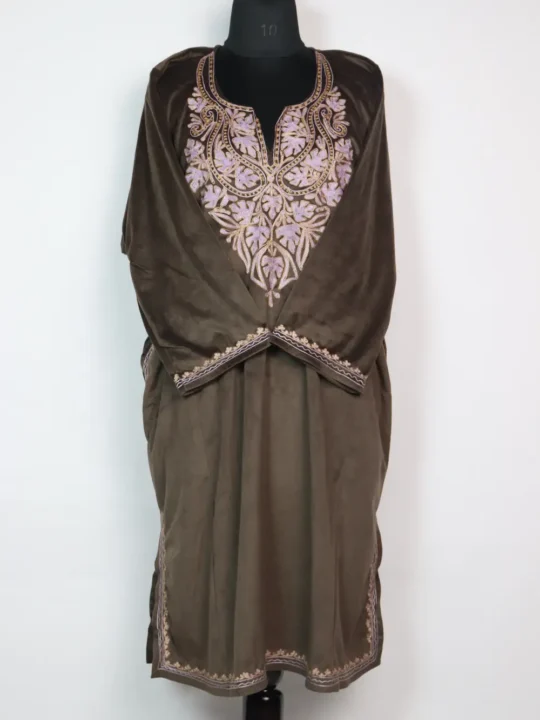 Brown Loose Pheran in Velvet with Zari Aari Embroidery Tahseen