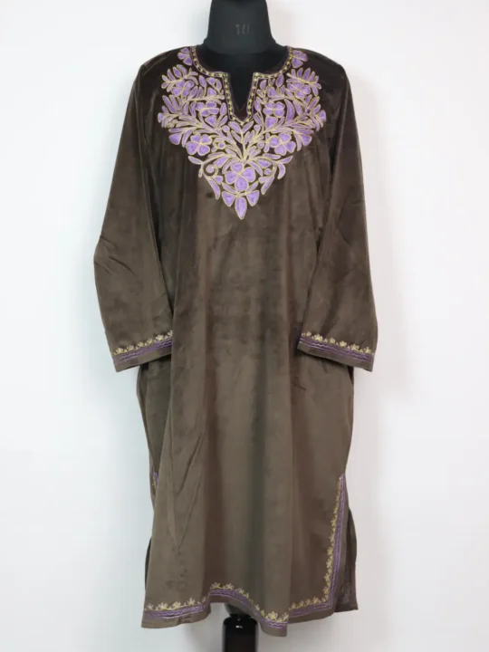 Brown Loose Zohra Pheran in Velvet with Aari Embroidery