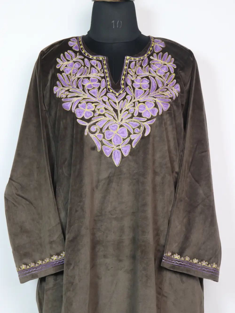 Chocolate Brown Loose Zohra Pheran in Velvet with Zari Aari Embroidery - Image 2