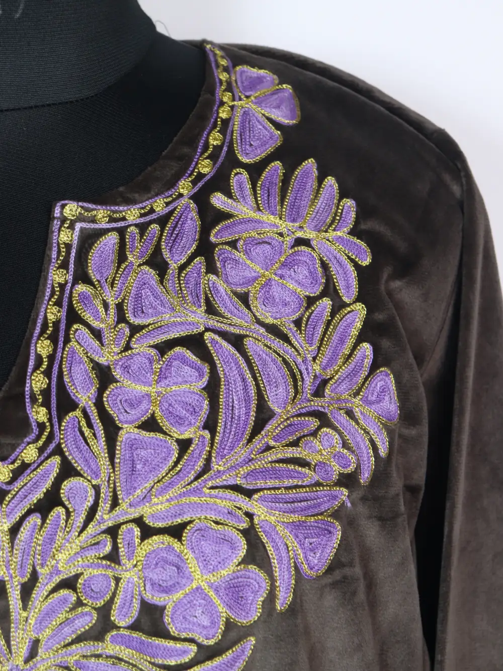 Chocolate Brown Loose Zohra Pheran in Velvet with Zari Aari Embroidery - Image 3