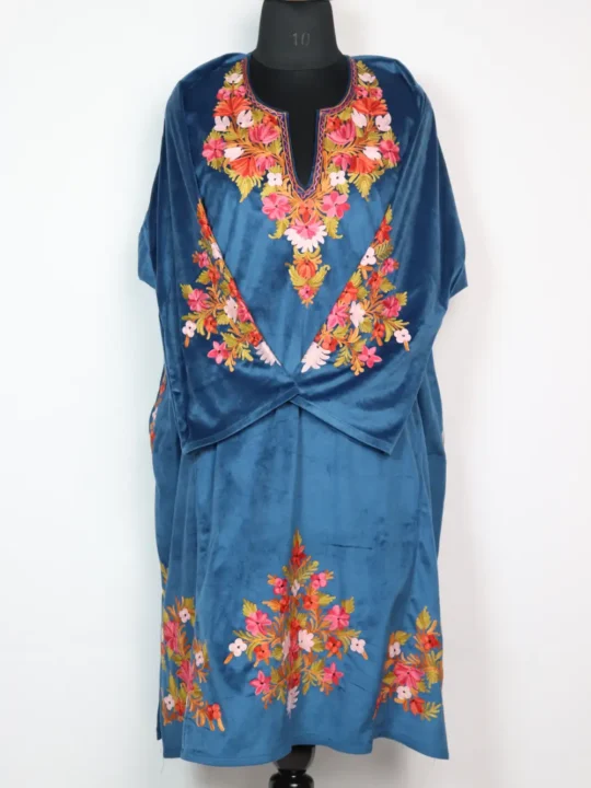 Kawsar Loose Pheran in Royal Blue Velvet with Zari Aari Embroidery