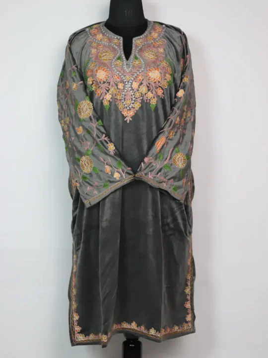 Farah Loose Pheran in Grey Velvet with Zari Aari Sleeve Embroidery