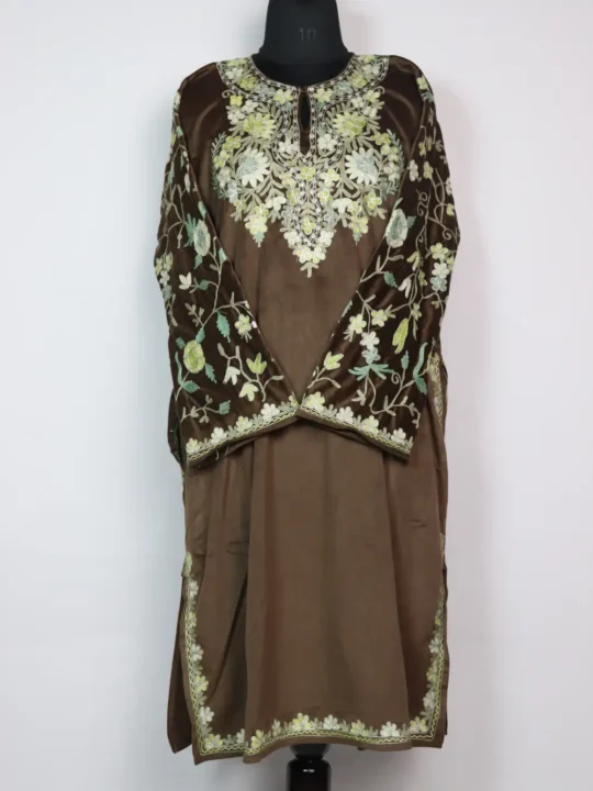 Ibtisam Loose Pheran in Brown Velvet with Zari Aari Sleeve Embroidery