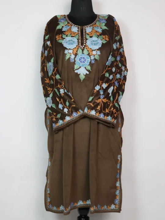 Velvet Jameel Loose Pheran in Brown with Zari Aari Sleeve Embroidery