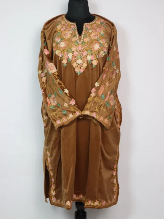 Iram Velvet Loose Pheran in Light Brown with Zari Aari Sleeve Embroidery