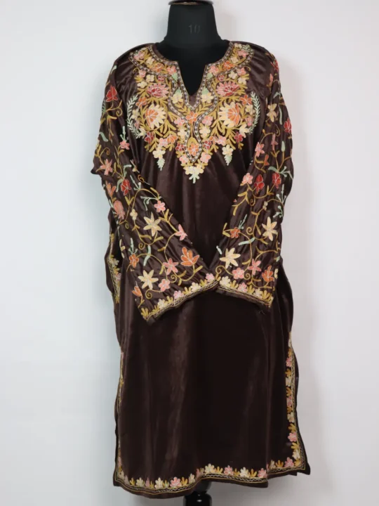 Lubna Chocolate Brown Velvet Loose Pheran with Zari Aari Sleeve Work