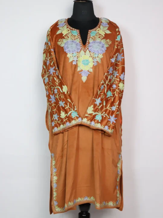 Light Brown Velvet Loose Naila Pheran with Zari Aari Sleeve Work