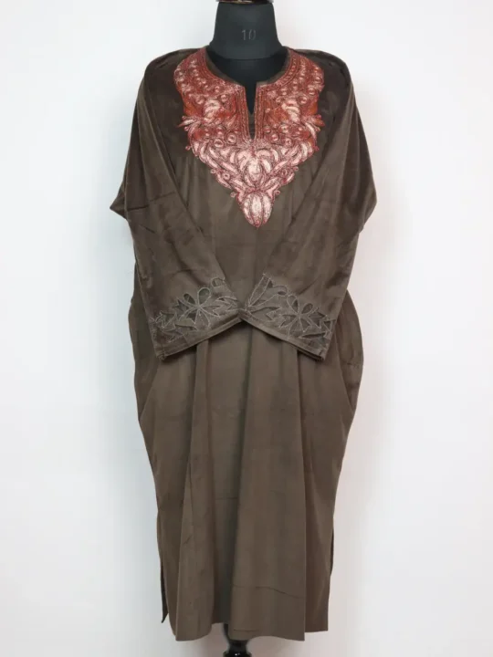 Chocolate Brown Velvet Pheran with Botte Tilla Cutwork Embroidery Usma