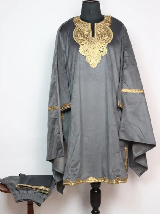 Shaheen Grey Velvet 3pc Loose Pheran Set Zari Tilla Embroidery