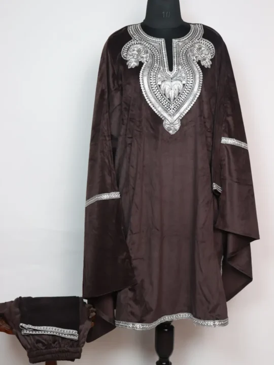 Velvet 3pc Wine Loose Pheran Set Kaila Zari Tilla Embroidery