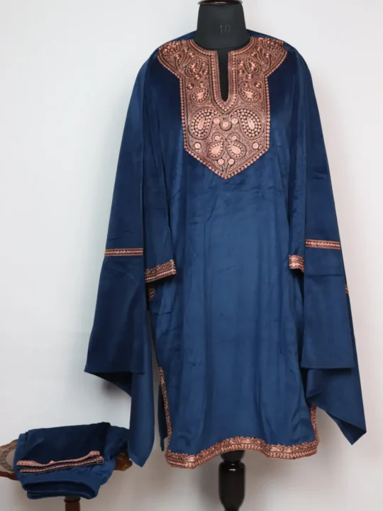 Eshal Royal Blue Velvet 3pc Loose Pheran Set Zari Tilla Embroidery