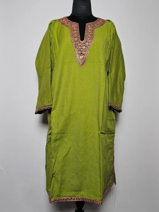 Cashmilon Wool Green Pheran with Zari Tilla Embroidery Afsana