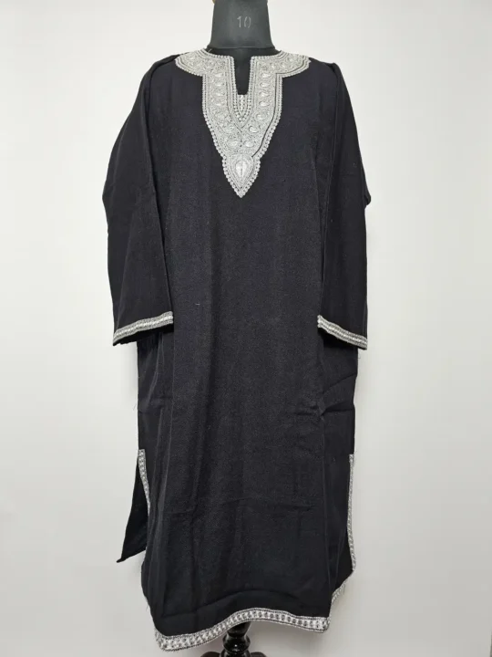 Cashmilon Wool Black Pheran with Zari Tilla Nailah Embroidery