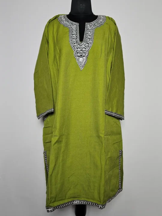 Lime Green Cashmilon Wool Pheran with Zari Tilla Nailah Embroidery