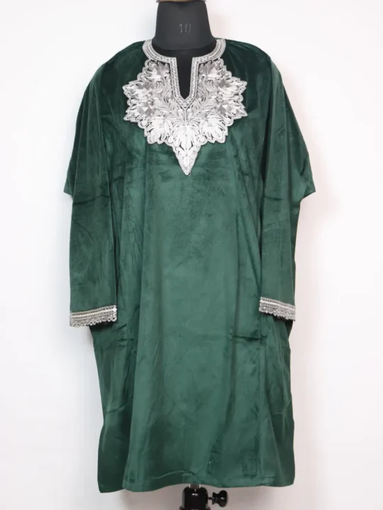 Omera Dark Green Velvet Loose Pheran with Zari Tilla Work