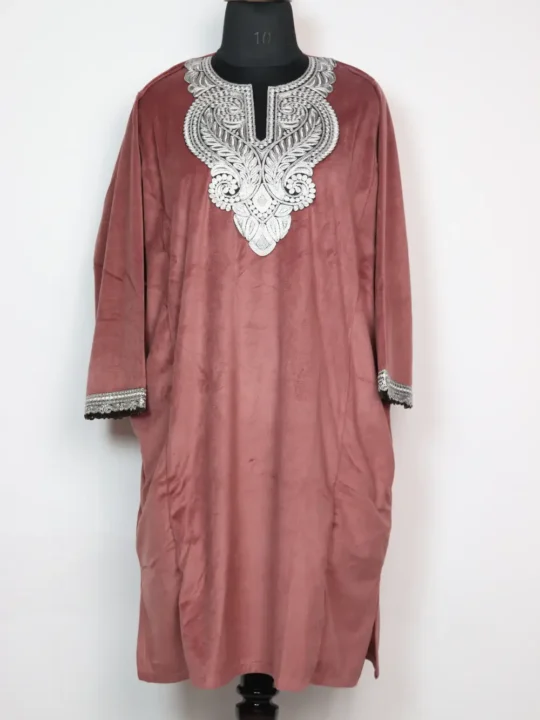 Kashmiri Maroon Velvet Loose Pheran with Iqra Zari Tilla Work
