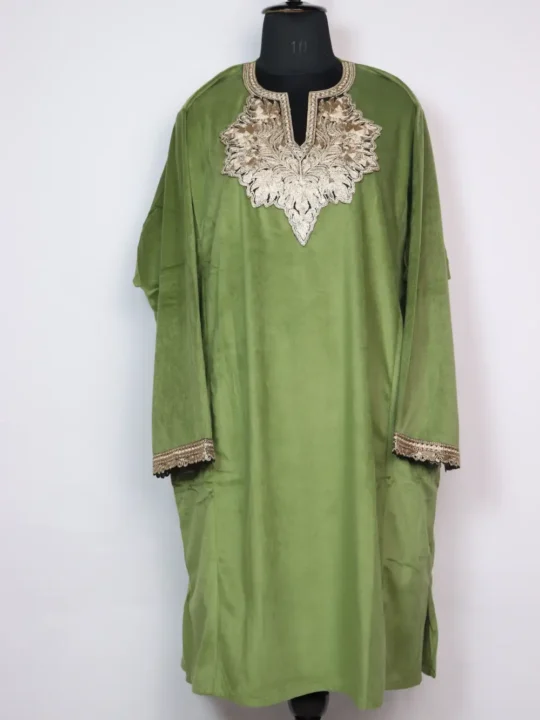Green Kashmiri Velvet Loose Pheran with Iqra Zari Tilla Work