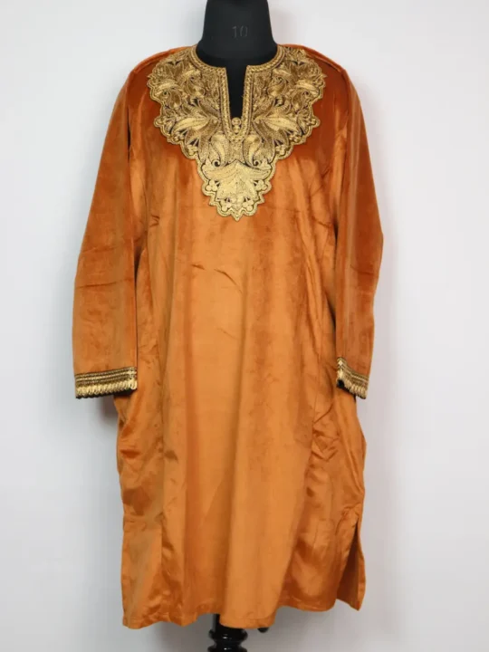 Kashmiri Velvet Loose Brown Pheran Iqra with Zari Tilla Work