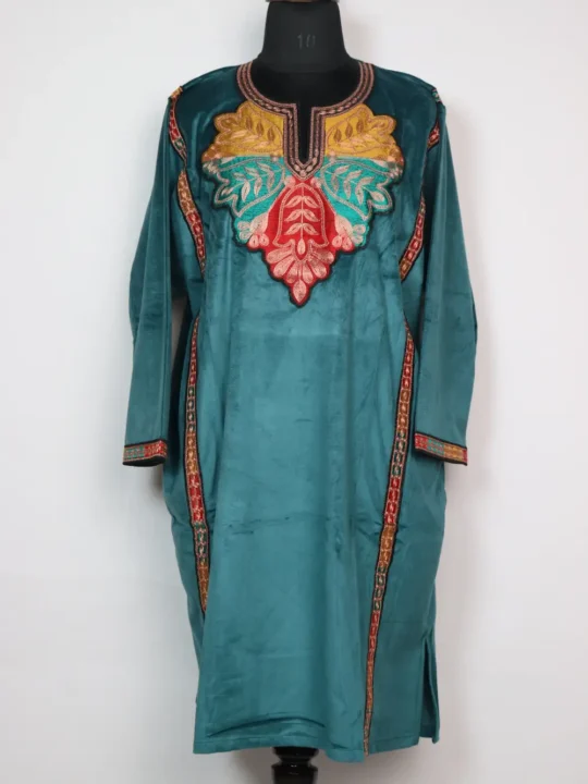 Loose Velvet Kashmiri Bottle Green Pheran Iqra with Zari Tilla Work