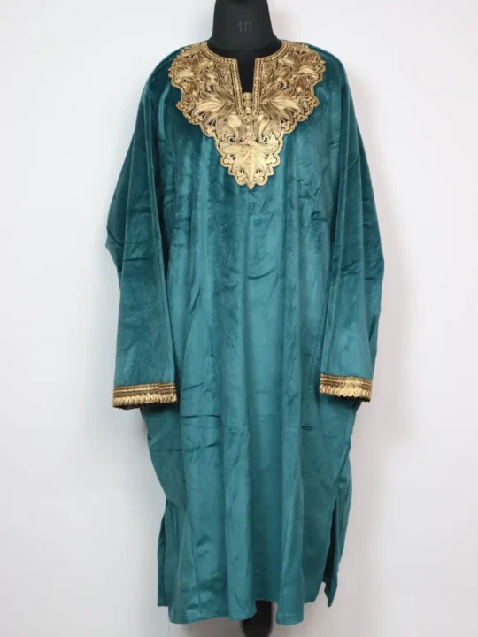 Zari Tilla Work Loose Bottle Green Pheran in Kashmiri Velvet Iqra