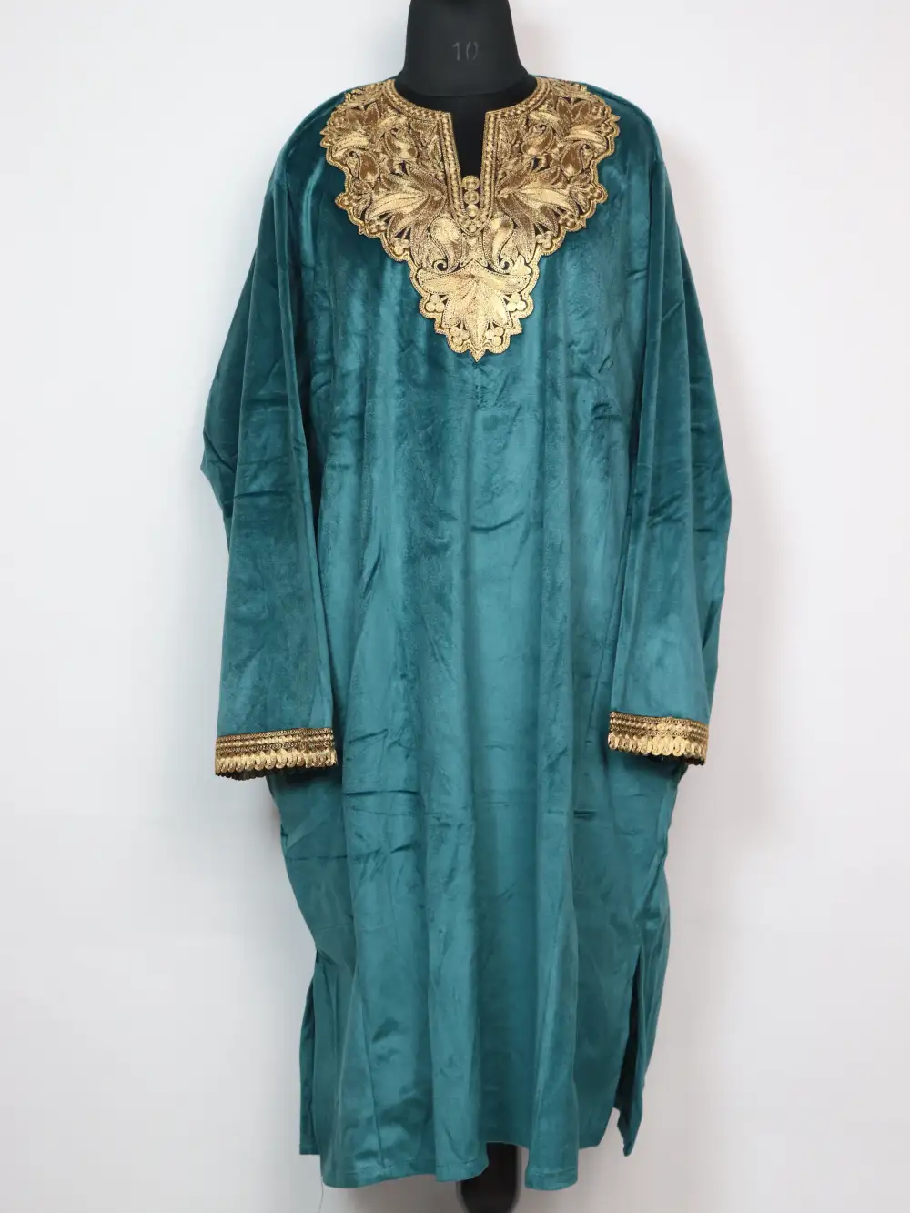 Zari Tilla Work Loose Bottle Green Pheran in Kashmiri Velvet Iqra
