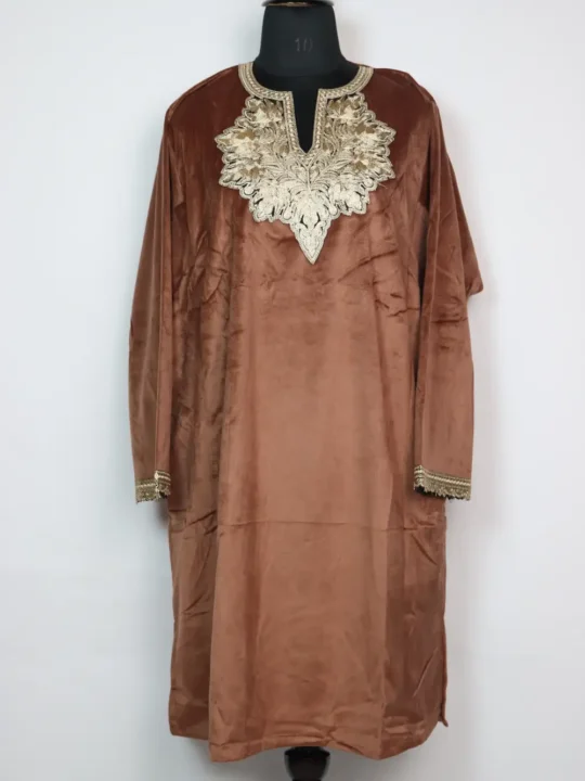 Iqra Zari Tilla Work Loose Brown Pheran in Kashmiri Velvet