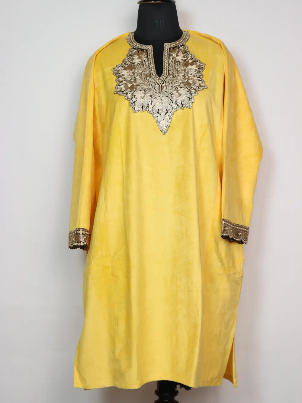 Zari Tilla Work Yellow Loose Pheran in Kashmiri Velvet Iqra