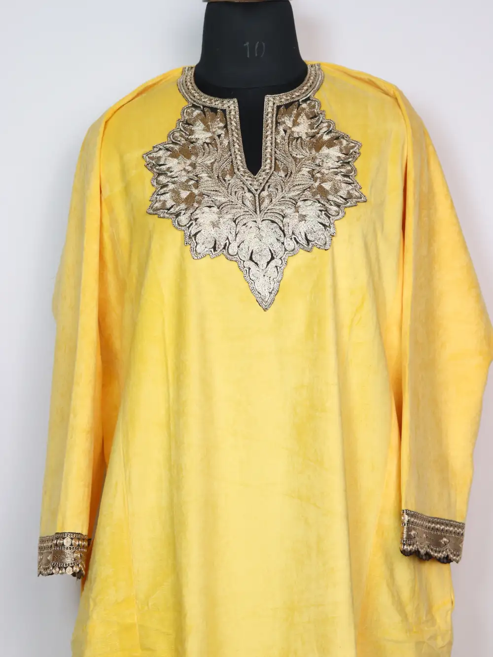Zari Tilla Work Yellow Loose Pheran in Kashmiri Velvet Iqra - Image 2