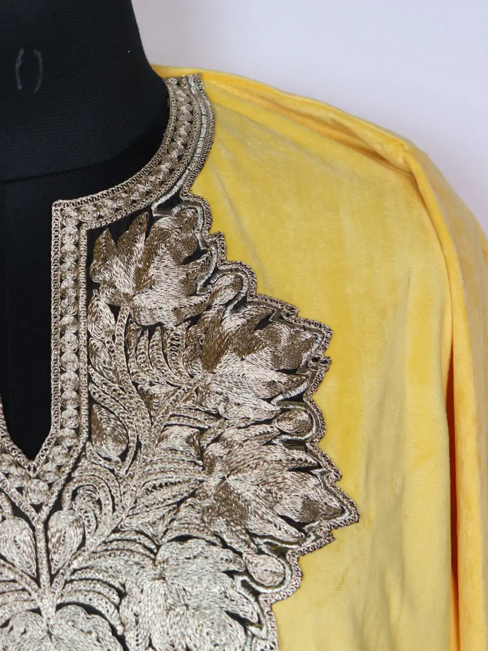 Zari Tilla Work Yellow Loose Pheran in Kashmiri Velvet Iqra - Image 3