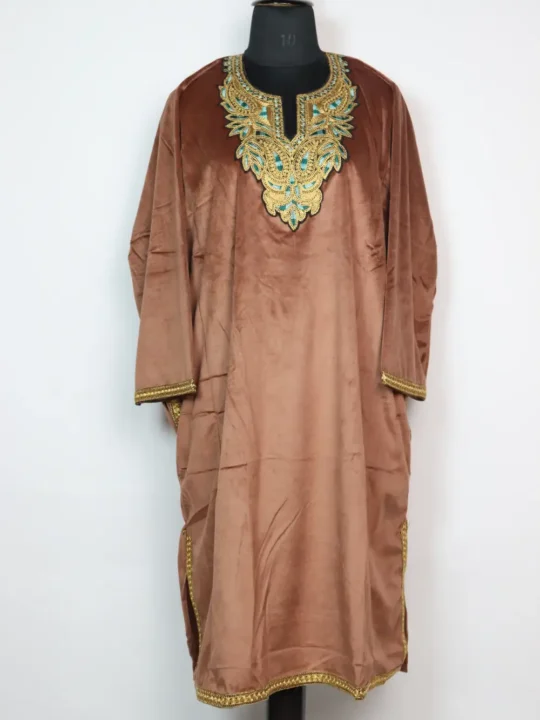Brown Zari Tilla Work Loose Pheran Iqra in Kashmiri Velvet