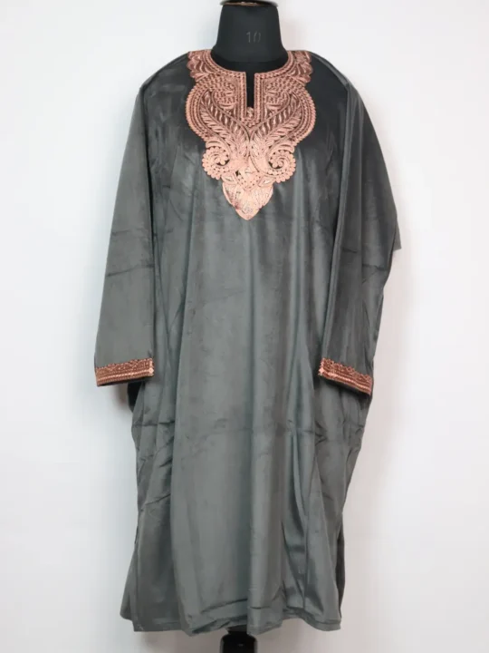 Zari Tilla Work Loose Dark Grey Pheran Iqra in Kashmiri Velvet